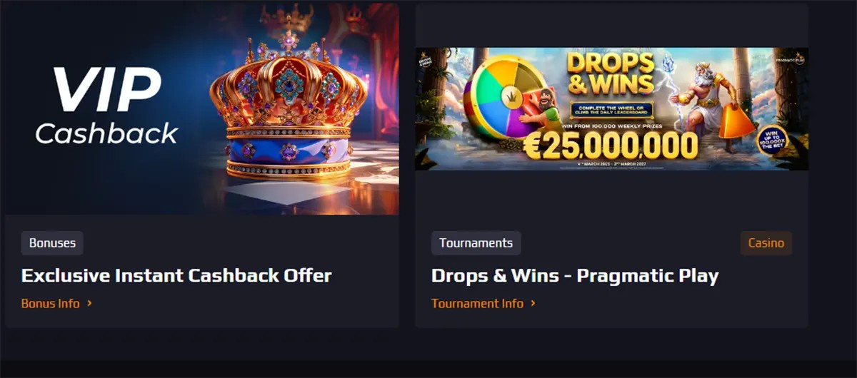 Two casino promo cards featuring a VIP cashback offer and a Pragmatic Play Drops & Wins tournament with a €25,000,000 prize pool.