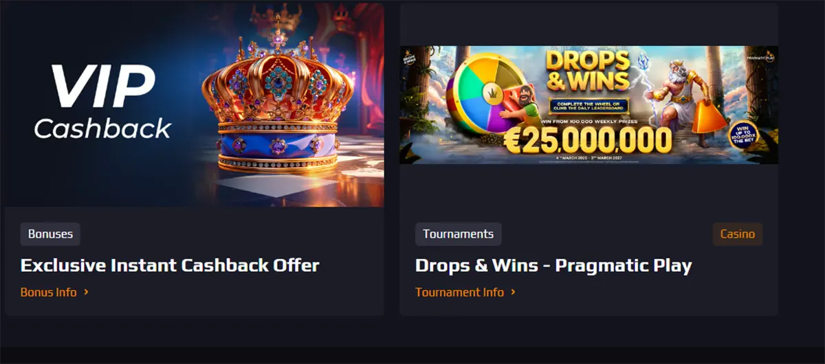 Two casino promo cards featuring a VIP cashback offer and a Pragmatic Play Drops & Wins tournament with a €25,000,000 prize pool.