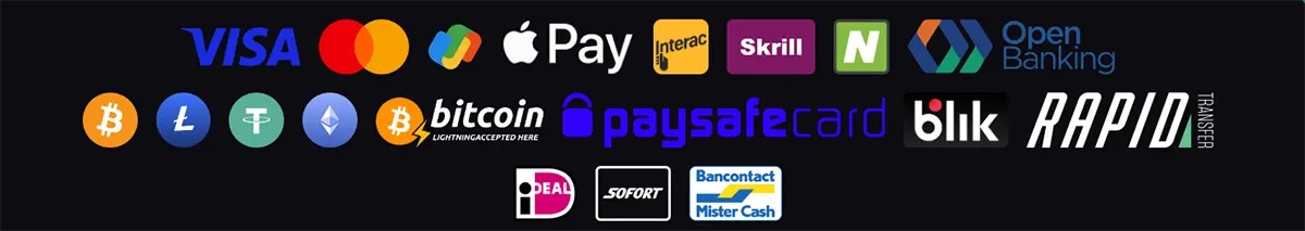 Payment methods collage featuring Visa, Mastercard, Apple Pay, Interac, Skrill, Neteller, Open Banking, Bitcoin, Litecoin, Tether, Ethereum, paysafecard, Blik, Rapid Transfer, iDEAL, Sofort, Bancontact, and Mister Cash on a dark background.
