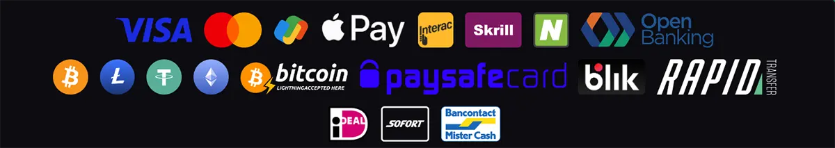 Payment methods collage featuring Visa, Mastercard, Apple Pay, Interac, Skrill, Neteller, Open Banking, Bitcoin, Litecoin, Tether, Ethereum, paysafecard, Blik, Rapid Transfer, iDEAL, Sofort, Bancontact, and Mister Cash on a dark background.