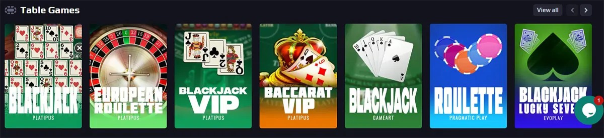 Table games row featuring Blackjack, European Roulette, Blackjack VIP, Baccarat VIP, Roulette, and Blackjack Lucky Seven on a dark casino interface.