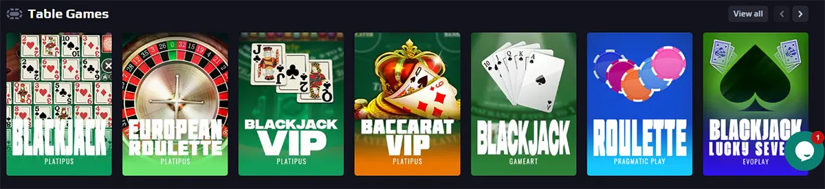 Table games row featuring Blackjack, European Roulette, Blackjack VIP, Baccarat VIP, Roulette, and Blackjack Lucky Seven on a dark casino interface.