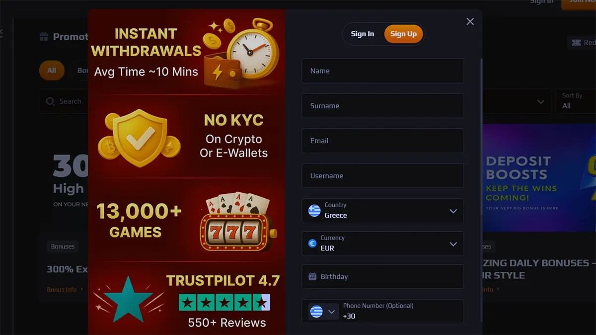 Casino sign-up popup with registration fields for name, surname, email, username, country, currency, birthday, and phone number, alongside promotional highlights for instant withdrawals, no KYC on crypto or e-wallets, 13,000+ games, and a Trustpilot rating.