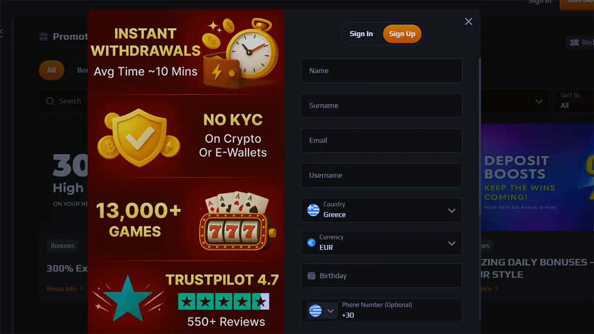Casino sign-up popup with registration fields for name, surname, email, username, country, currency, birthday, and phone number, alongside promotional highlights for instant withdrawals, no KYC on crypto or e-wallets, 13,000+ games, and a Trustpilot rating.